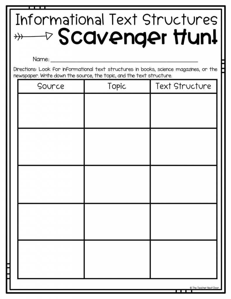 Using a Scavenger Hunt to Review Informational Text Structures Intended For Text Structure Worksheet 4th Grade