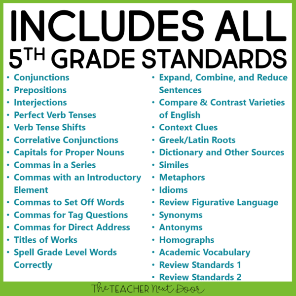 5th Grade Language Assessments and Practice Pages Standards