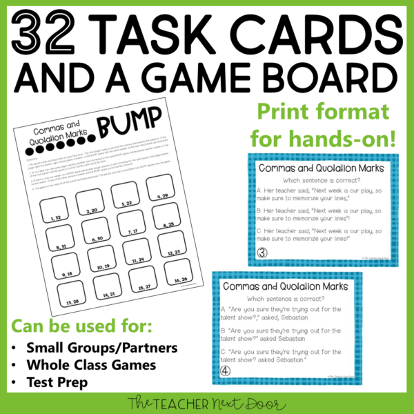 Commas and Quotations 4th Grade Game Task Cards