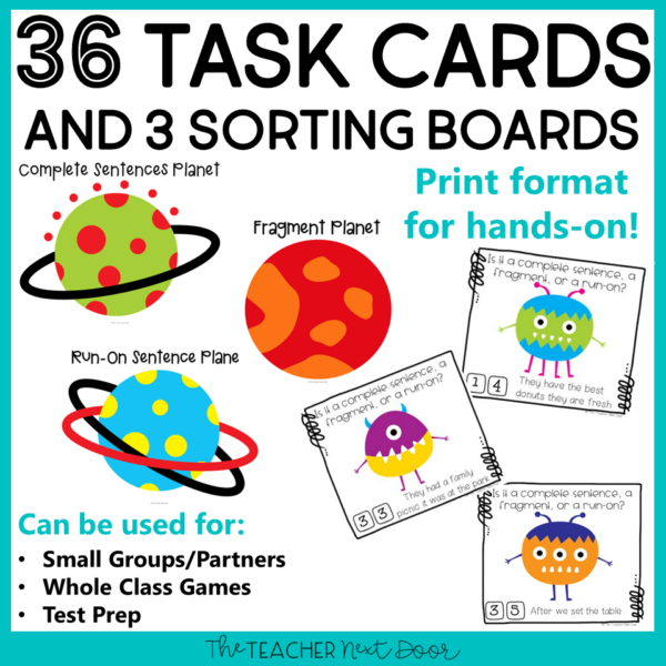 Complete Sentences, Fragments, and Run-Ons 4th Grade Task Cards and Sorting Boards