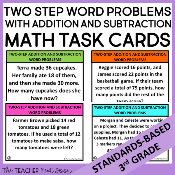 3rd Grade Two Step Word Problems with Addition and Subtraction Task Cards1