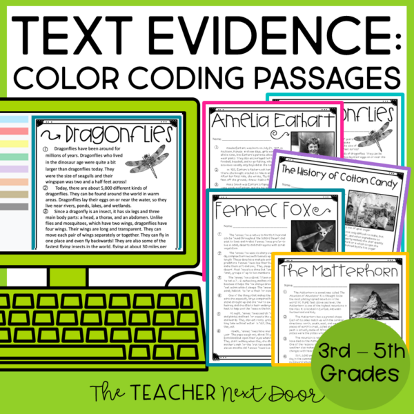 Text Evidence Color Coding Passages Print and Digital for 3rd - 5th Grades