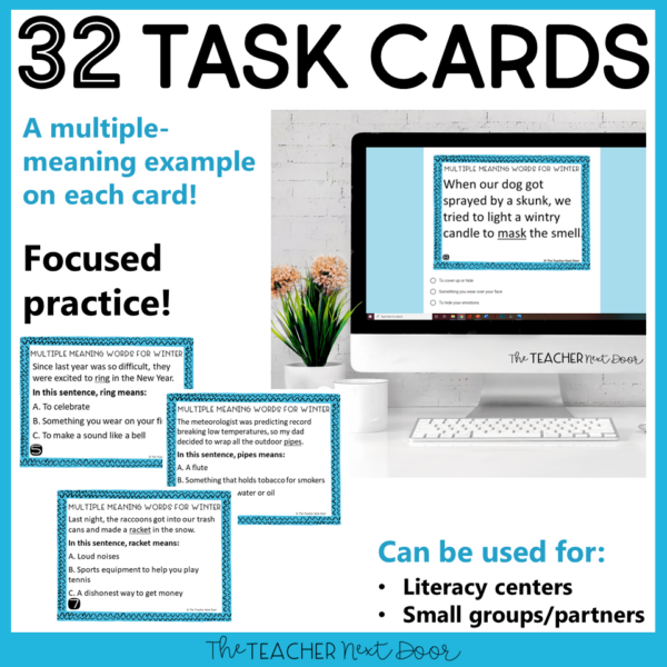 Multiple Meaning Words for Winter Task Cards in print and digital for upper elementary students