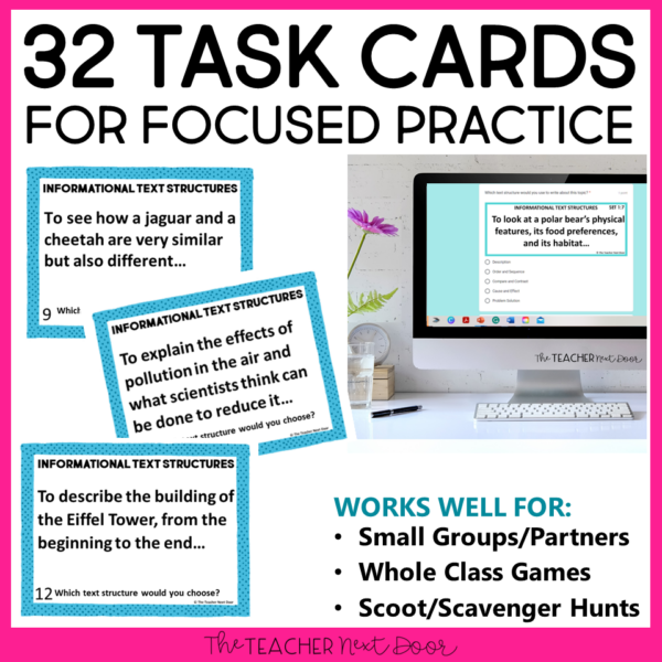 Informational Text Structures Practice with 32 print and digital task cards