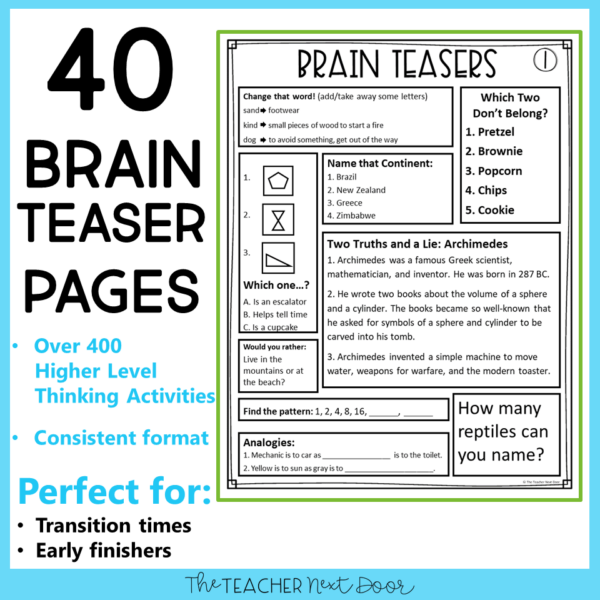 Brain Teasers for 3rd - 5th Grades with 40 pages for higher-level thinking activities!