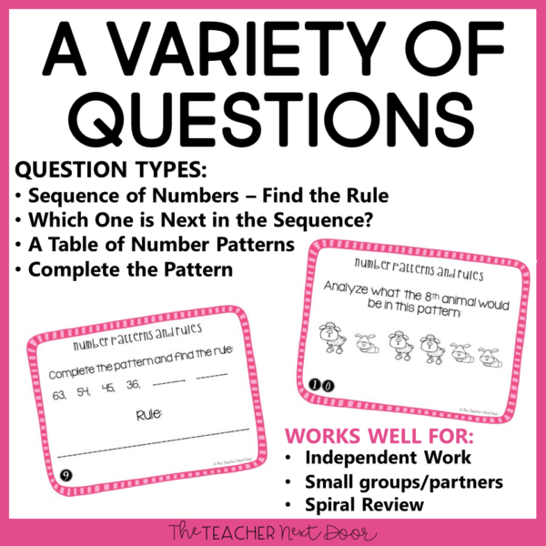 Number Patterns and Rules 32 Task Cards with a Variety of Questions
