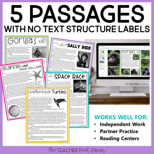 Informational Text Structures for 4th and 5th Grades with unlabeled passages for independent work and partner practice