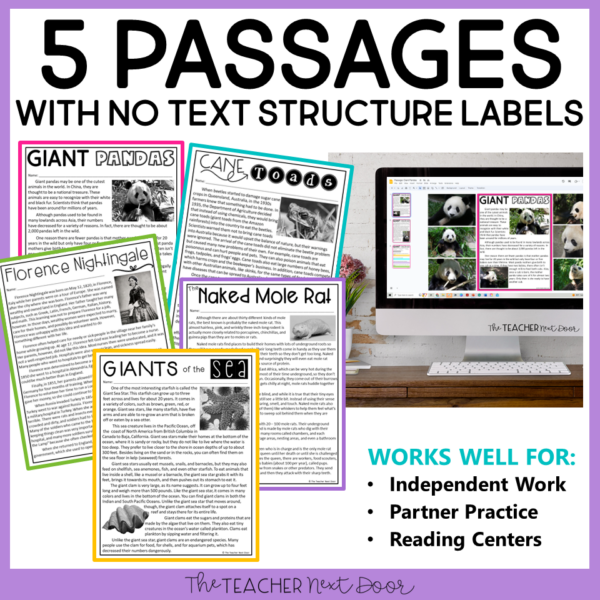 Informational Text Structures for 3rd Grade with unlabeled passages for independent work and partner practice