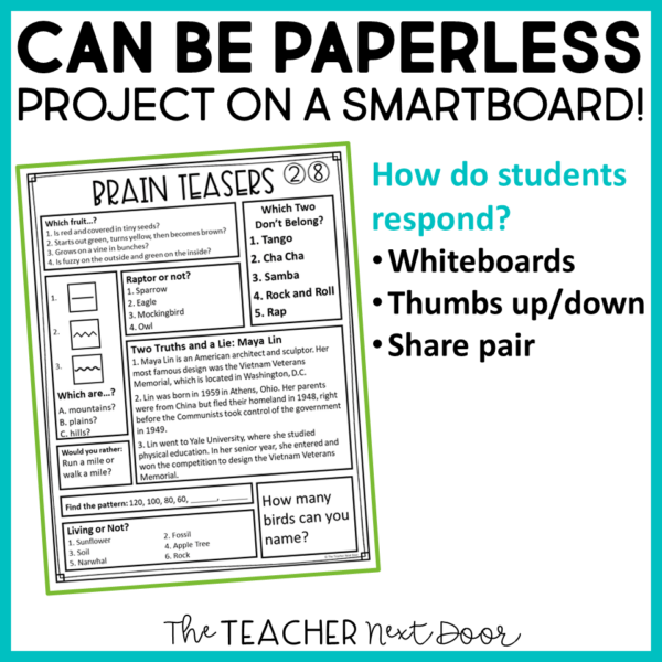 FREE Brain Teasers for Transitions for 3rd - 5th Grades are no-prep paperless!