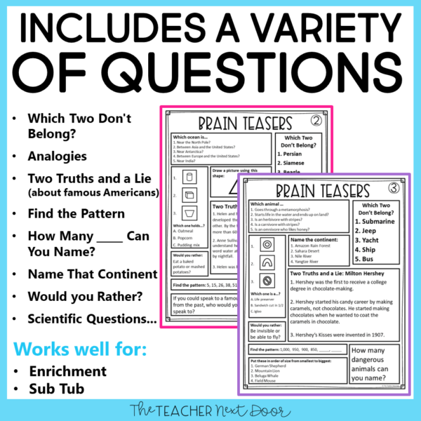 Brain Teasers for 3rd - 5th Grades with 40 pages with a variety of questions types!