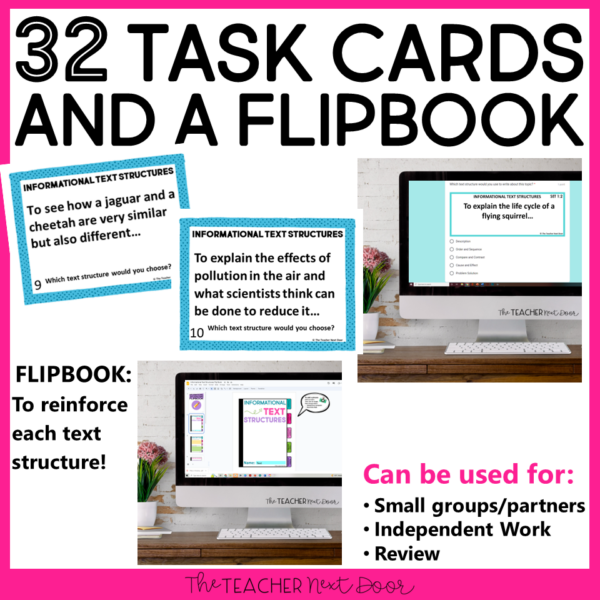 Informational Text Structures for 4th and 5th Grades with 32 task cards, a flipbook, passages, and more!