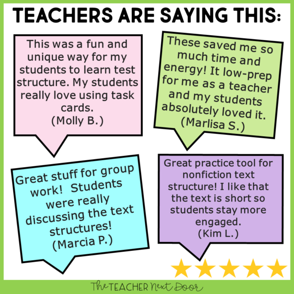 Teachers are saying this about the Informational Text Structures Practice with 32 print and digital task cards