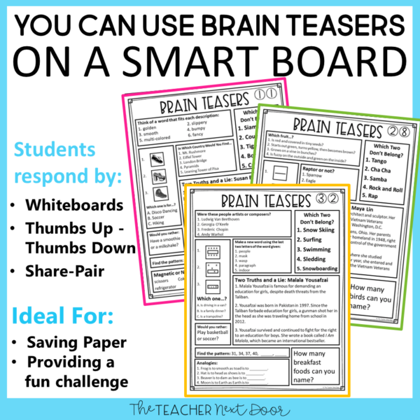 Brain Teasers for 3rd - 5th Grades with 40 pages that can be used whole-class on a Smartboard!