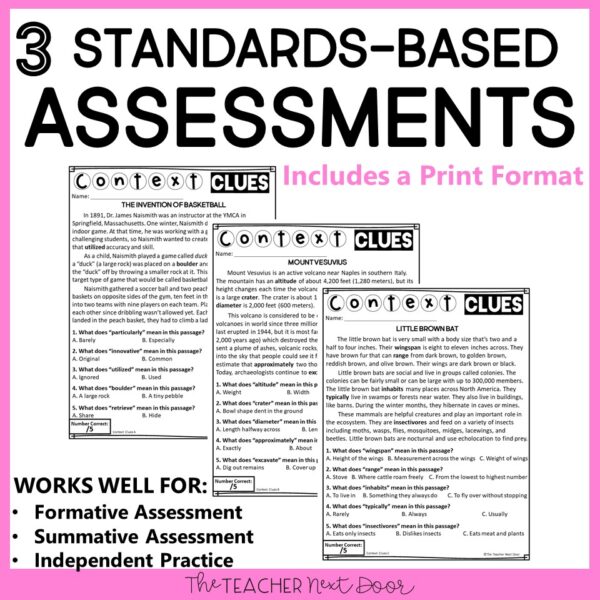 Context Clues Standards-Based Reading Assessments for Nonfiction 5th Grade