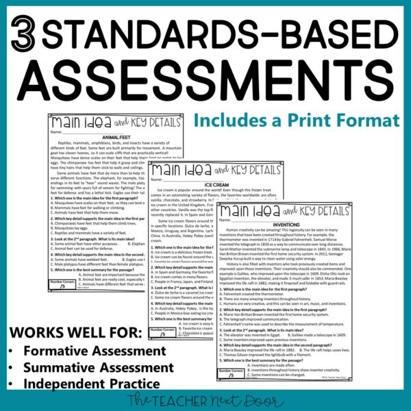 Main Idea Standards-Based Reading Assessments 5th Grade