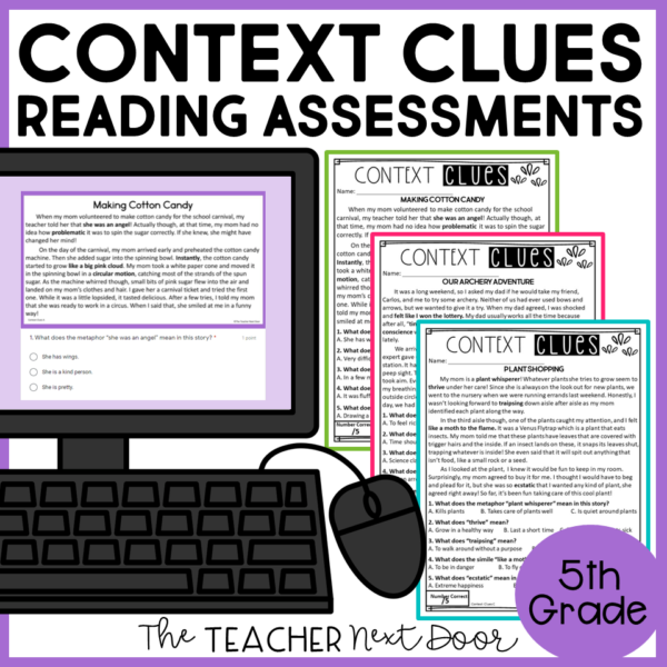 Context Clues Standards-Based Reading Assessments for Fiction 5th Grade