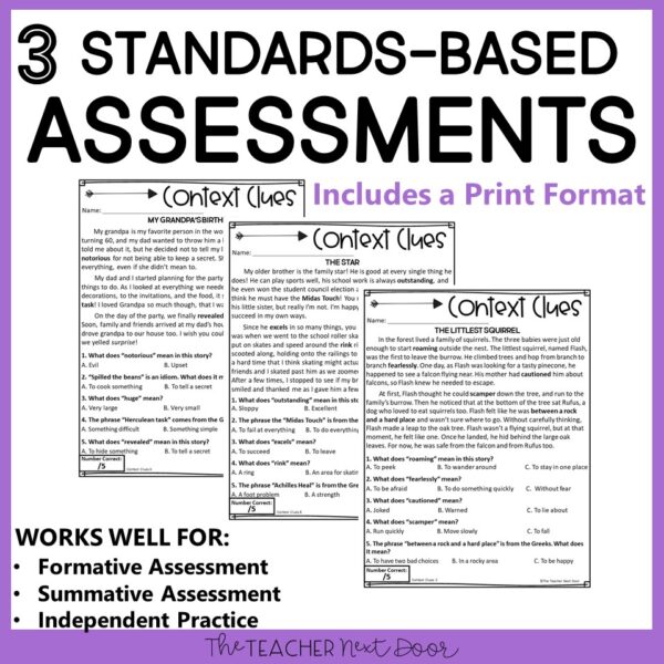 Context Clues Standards-Based Reading Assessments Fiction 4th Grade
