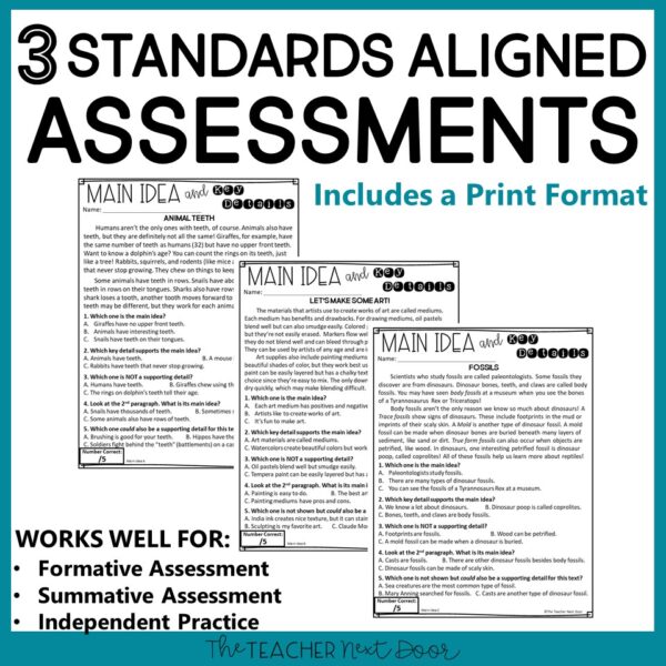Main Idea Standards-Based Reading Assessments Print and Digital for 4th Grade