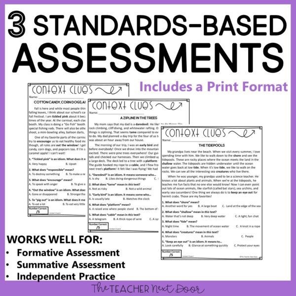 Context Clues Standards-Based Reading Assessments Fiction for 3rd Grade