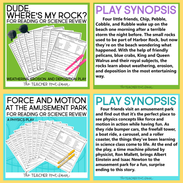 Reader's Theater Bundle of 6 Science Plays with a synopsis of the weathering, erosion, and deposition play and the Force and Motion Play