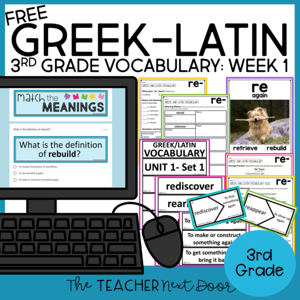 FREE Greek and Latin Vocabulary for 3rd Grade - Week 1 "RE" Prefix