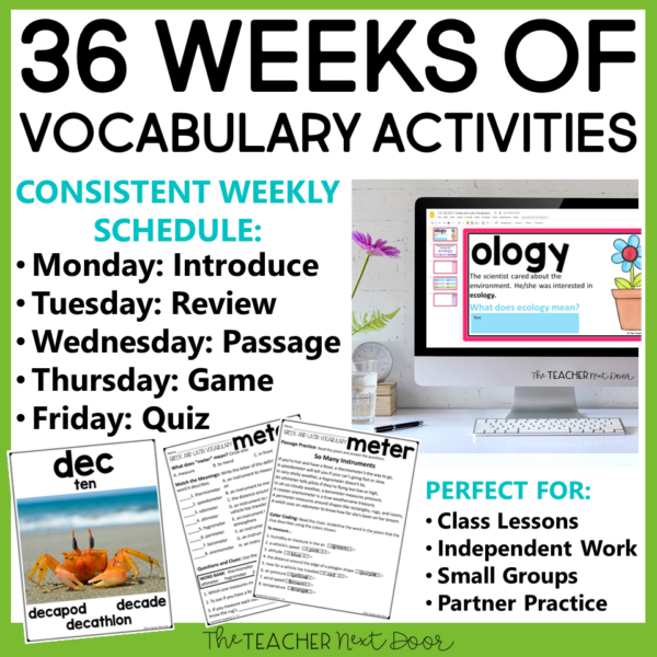4th Grade Greek-Latin Vocabulary Bundle with 36 Weeks of Activities