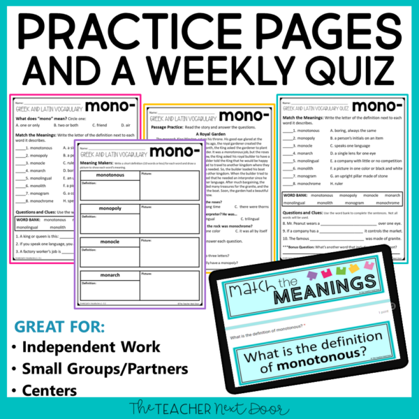 Greek-Latin Vocabulary Unit 1 with Daily Practice Pages and Friday Assessments
