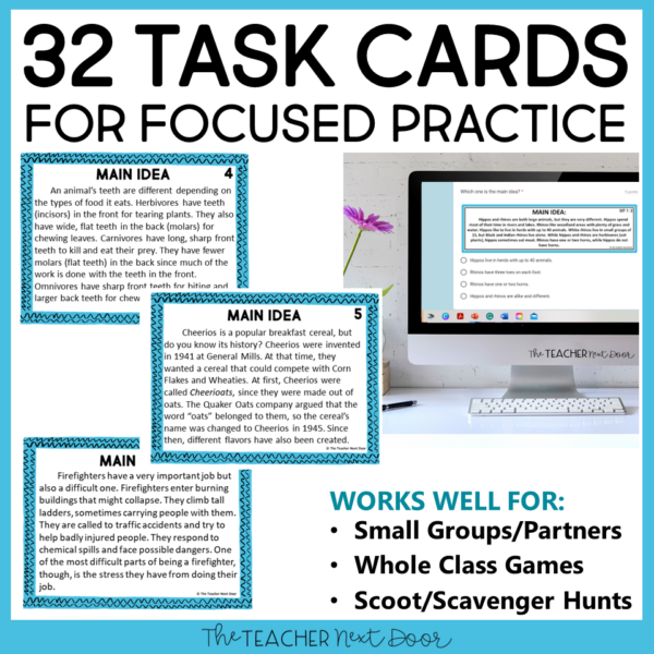 32 Main Idea Task Cards for 3rd - 5th Grades in Print and Digital