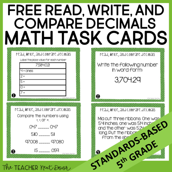 Free Read, Write, and Compare Decimals 5th Grade Task Cards