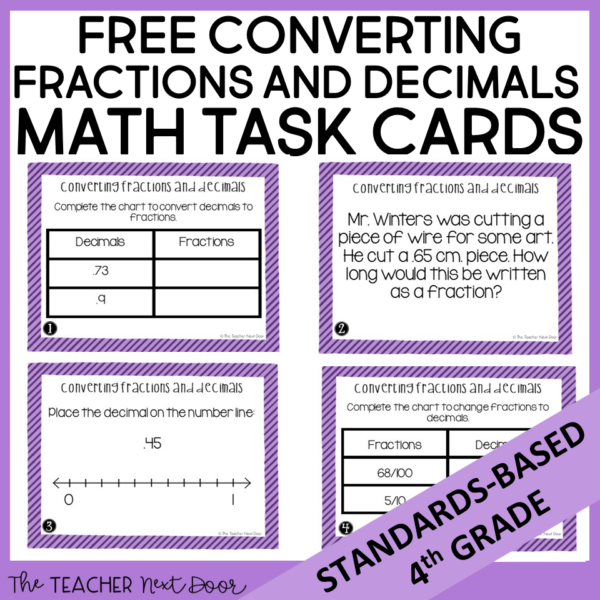 Free Converting Fractions and Decimals Task Cards