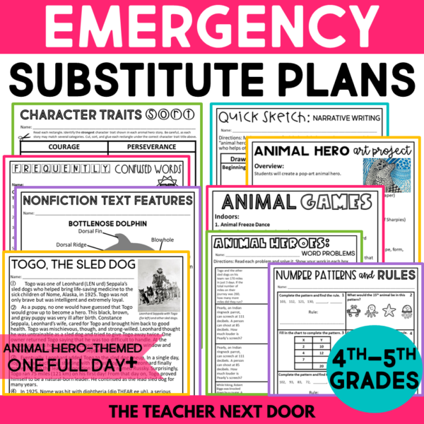 Emergency Substitute Plans for 4th - 5th Grades Animal Hero-Themed